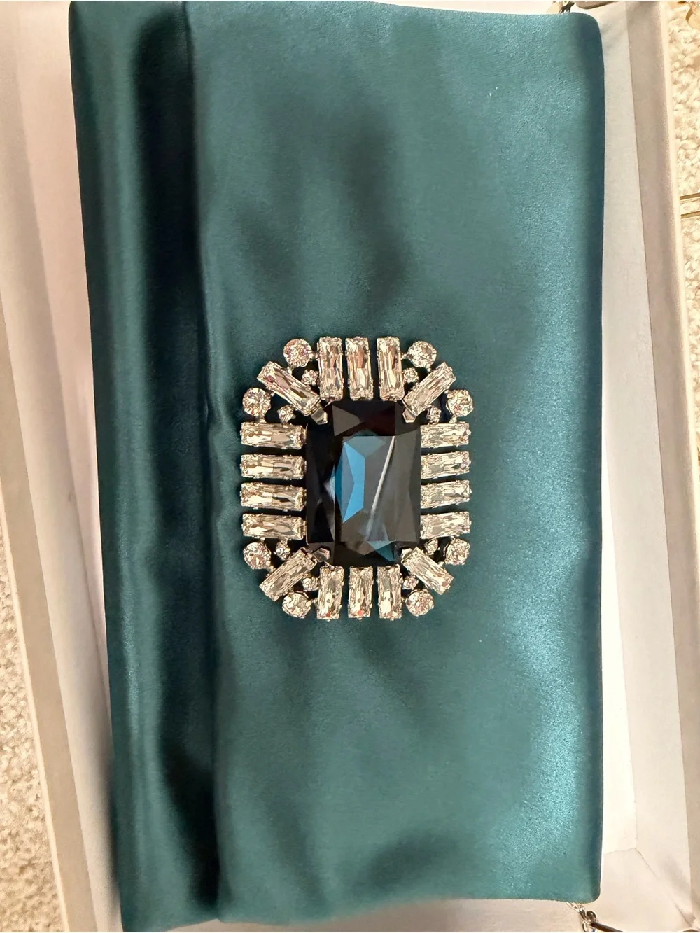Jimmy Choo Teal Satin Evening Clutch with Crystal Brooch and Gold Chain